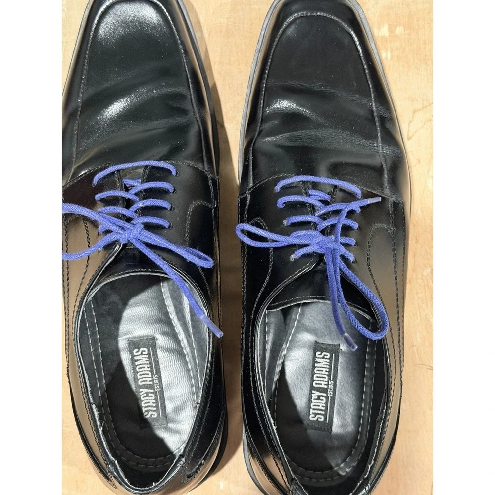 Stacy Adams Mens Black Leather Bicycle Toe Oxfords Purple Laces Size 8.5